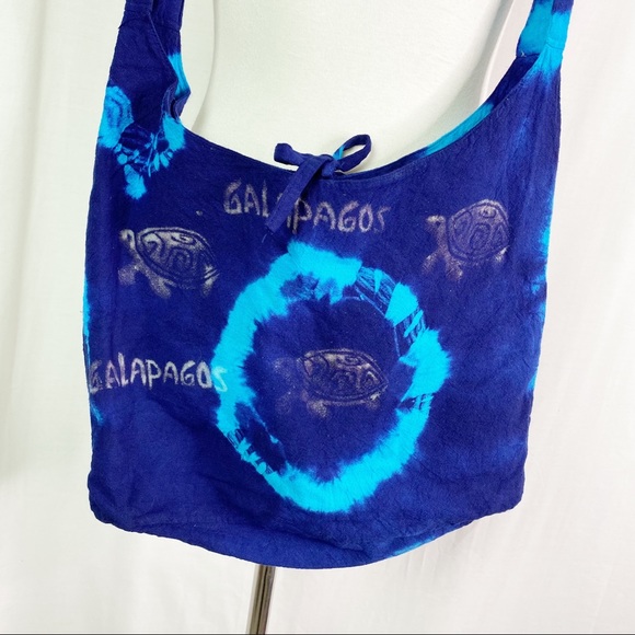 Vintage Galápagos Islands Blue Tie Dyed Turtle Crossbody Tote Bag - Picture 5 of 8
